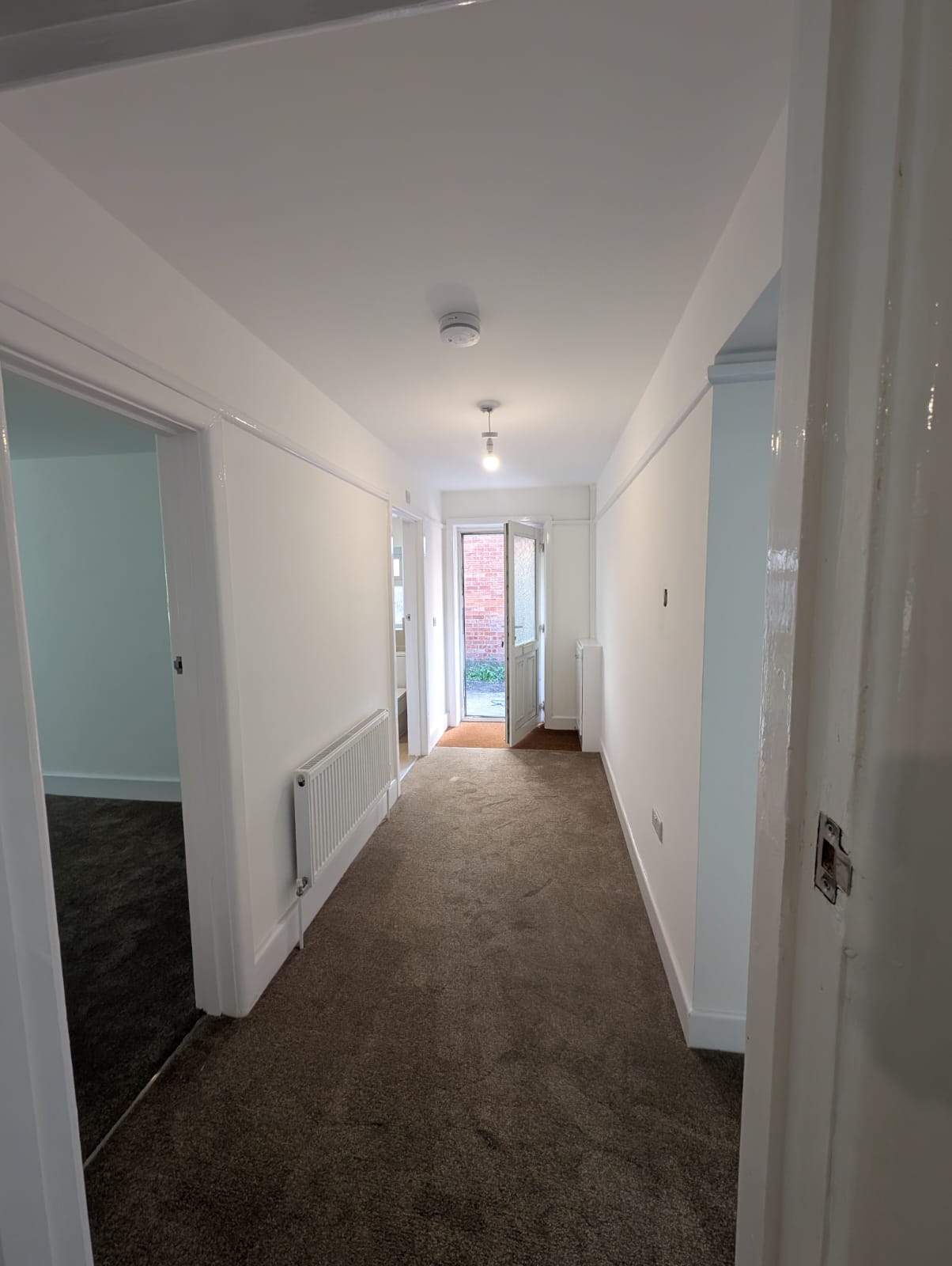 Light painted hallway with white door frames and a carpeted floor